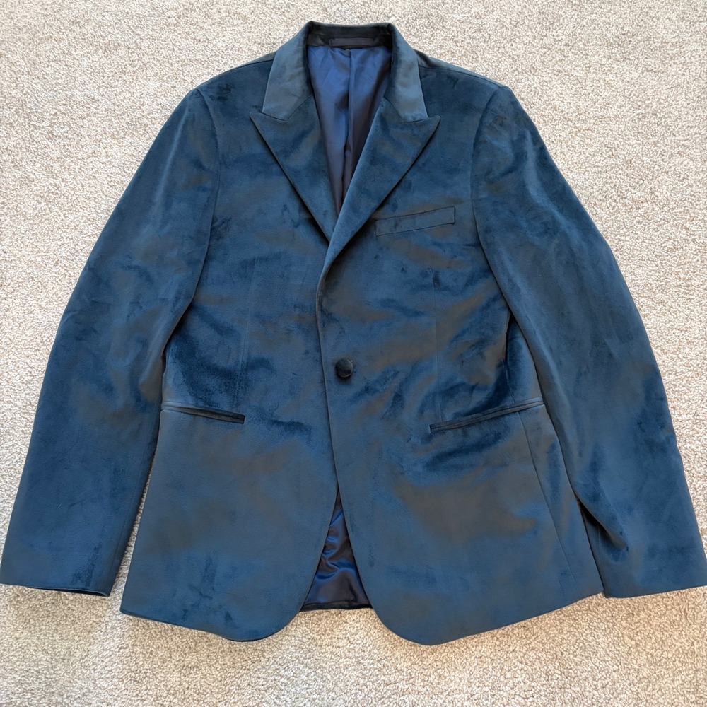 Moss London Velvet Blazer Mens S/M Blue Single Breasted‎ Party Formal Holiday